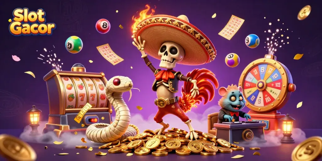 Temukan kemenangan besar di Slot Gacor dengan ilustrasi permainan yang penuh warna dan aksi.