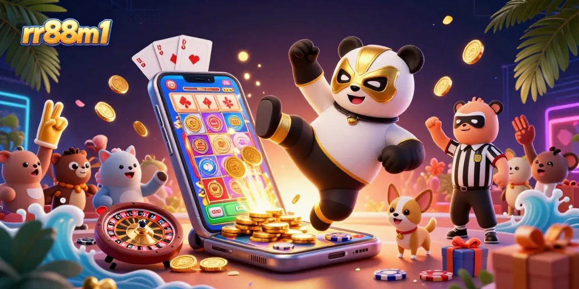 Experience thrilling action at rr88m1 as a panda wrestler performs while coins fly in a vibrant casino atmosphere.