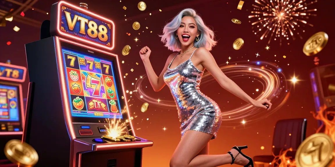 Celebrate wins at VT88 with a jubilant casino scene featuring vibrant slot machines and festive elements.