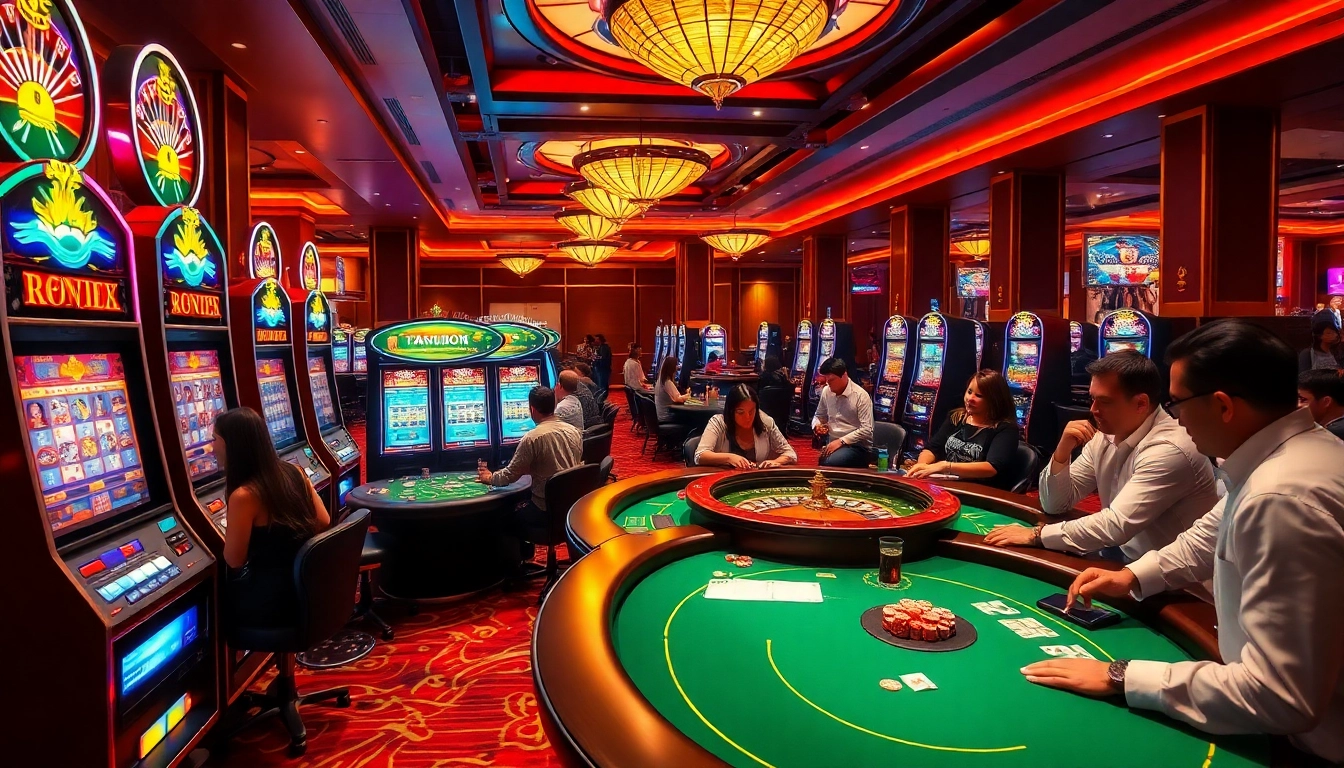 An exciting casino scene depicting players enjoying games at https://9bet41.com/, featuring vibrant slot machines and poker tables.
