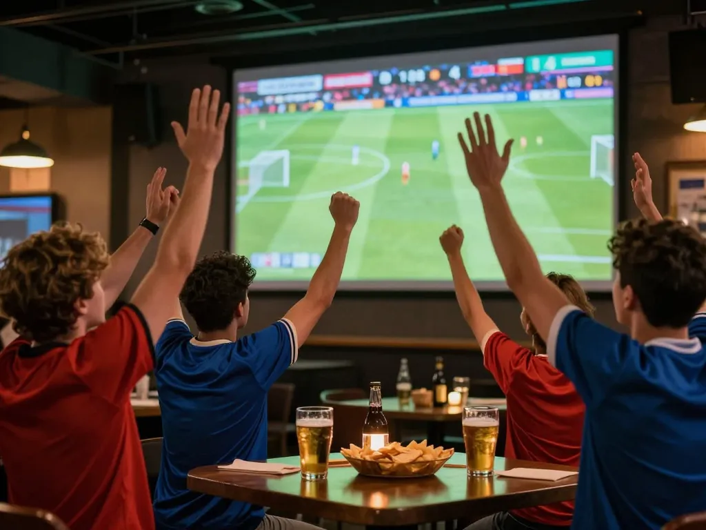 Socolive TV xem bong da live action as sports fans cheer for their teams in an exciting sports bar atmosphere.