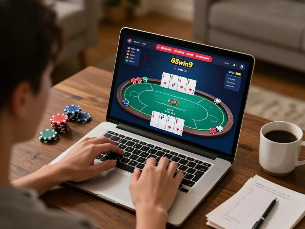 Player enjoying online poker session at home, highlighting 98win9 gaming experience.