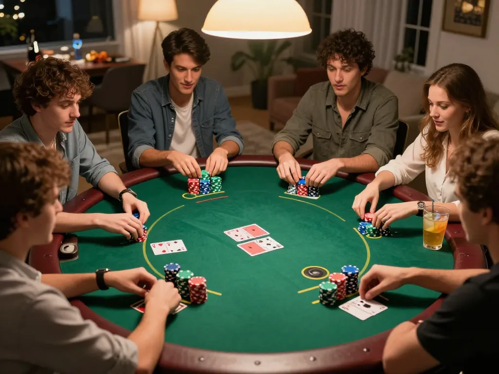 Friends playing intense poker game showcasing exciting ALO8 strategy moments with Texas Hold'em.