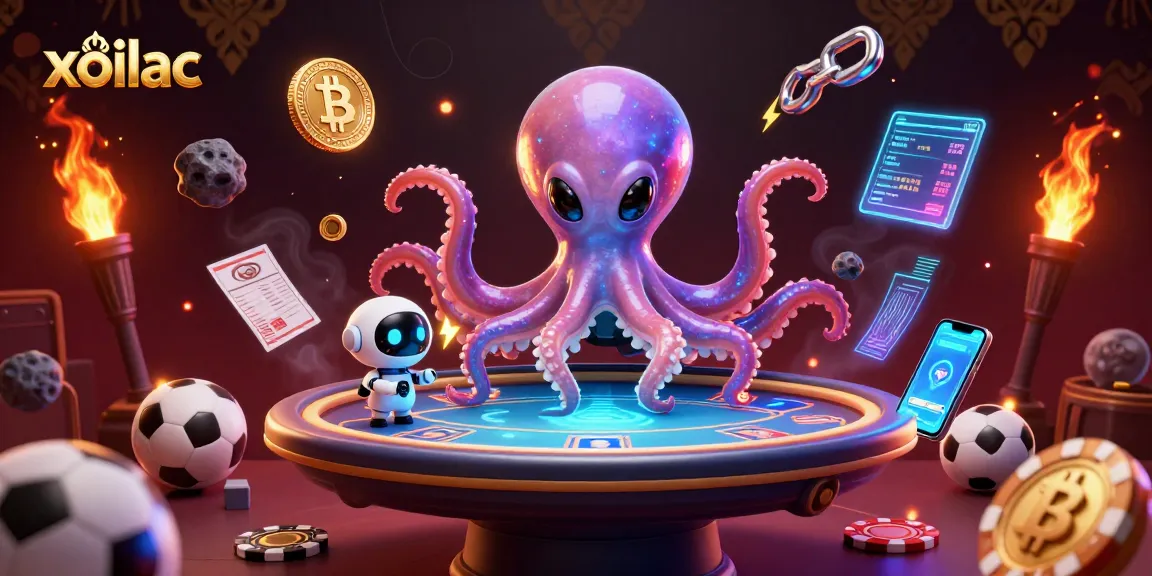 Xoilac octopus operates a holographic poker table amid dazzling sports betting action.