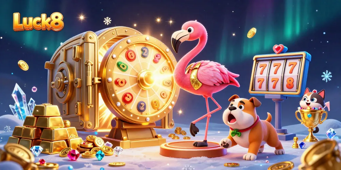 Engage with Luck8 as a flamingo host spins a shiny prize wheel amid gold treasures.