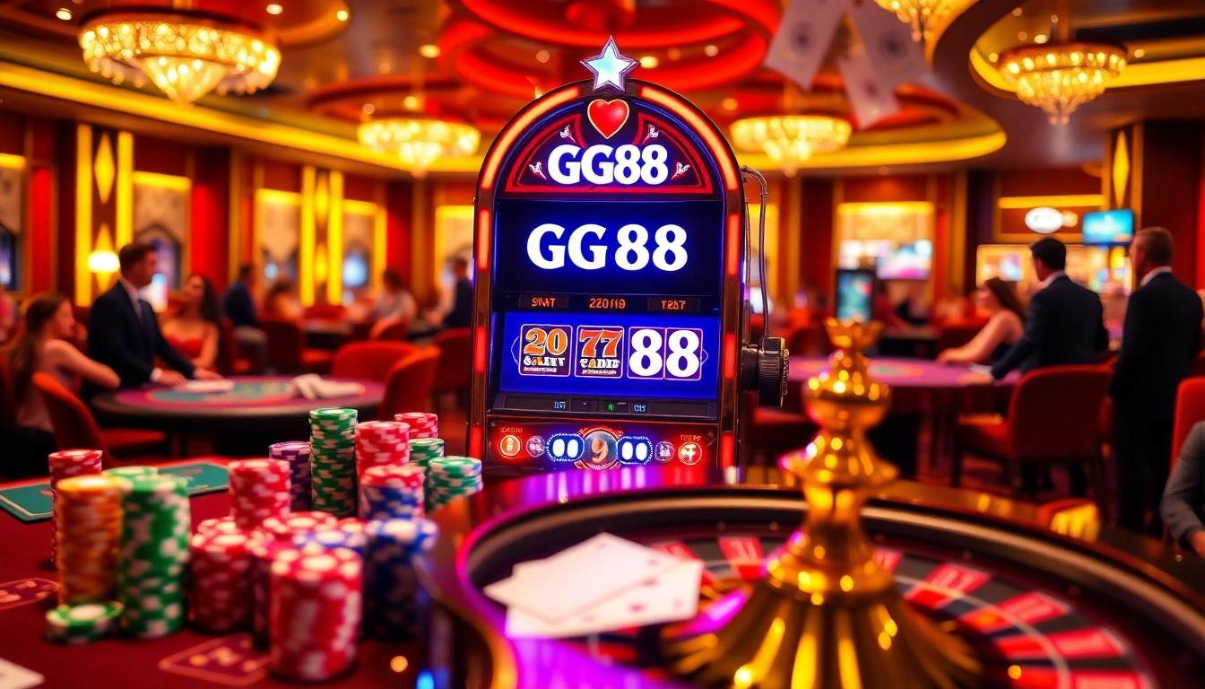 Players engaging with the GG88 slot machine surrounded by colorful casino elements and vibrant ambiance.