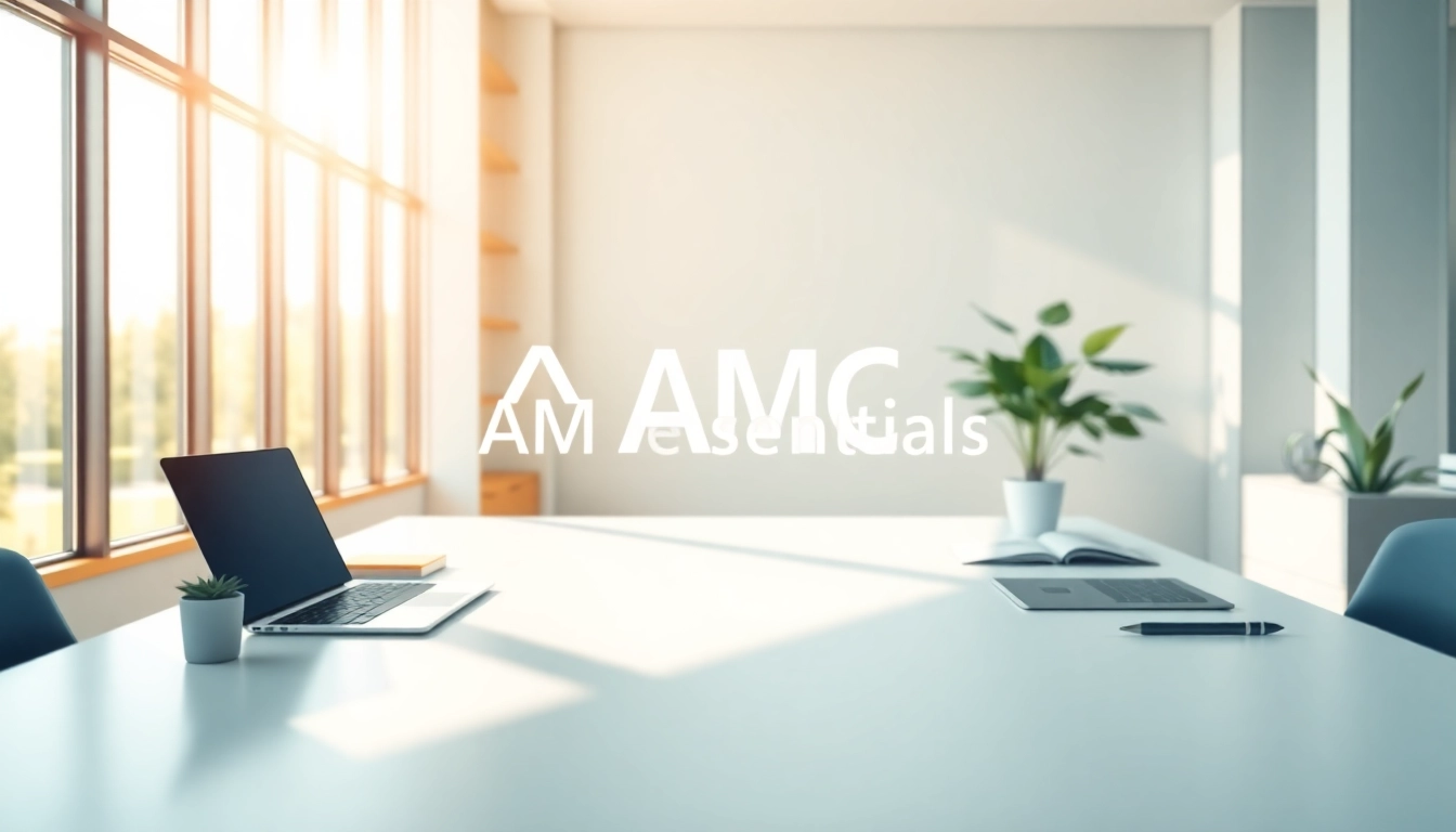 Showcasing AMC Essentials logo in a contemporary workspace with natural light, promoting professionalism.
