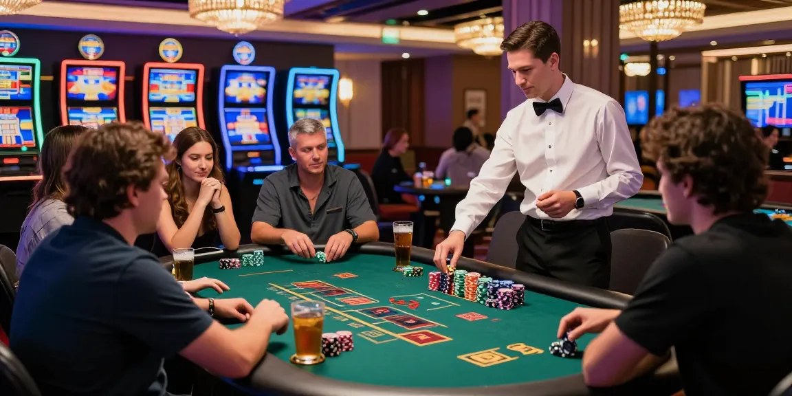Players enjoying cm 88 online casino experience at a lively gaming table with colorful slot machines in the background.