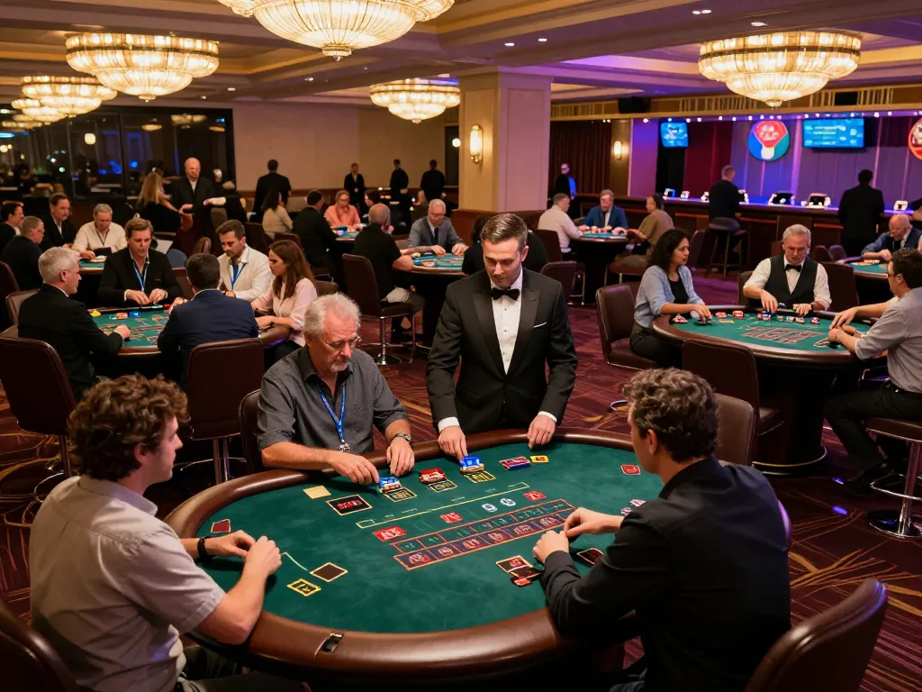 O8 players strategizing at blackjack tables in a luxurious casino setting, excitement and engagement evident.
