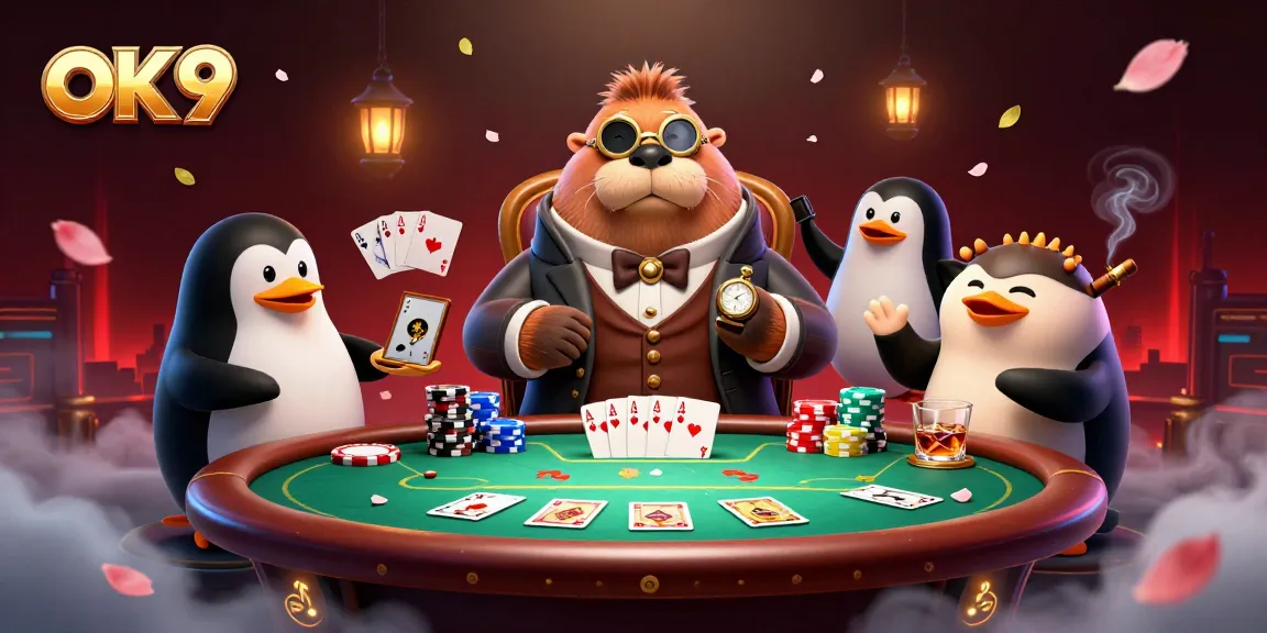 Experience the excitement of OK 9 as a walrus plays poker underwater, surrounded by vibrant casino elements.
