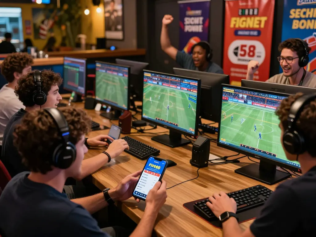 Exciting five88 online betting scene with players enjoying live sports events at a modern lounge.