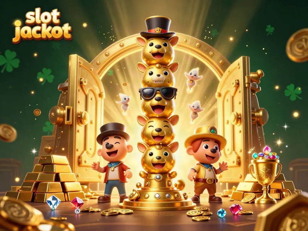 Permainan slot jackpot dihadirkan dengan totem emas dan karakter kasino yang dinamis.