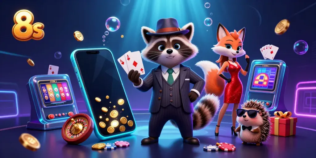 Play slots and win big with 8s at this vibrant casino-themed illustration featuring raccoon and fox characters.