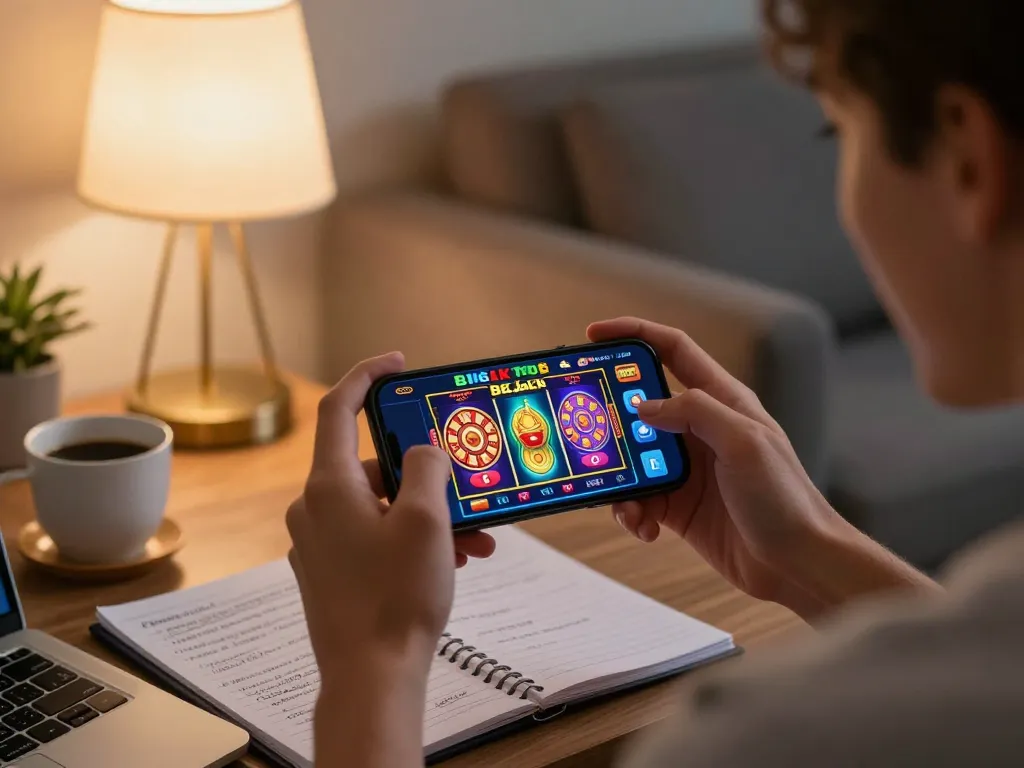 Playing slot games on the BigJack Casino app in a cozy living room setting.