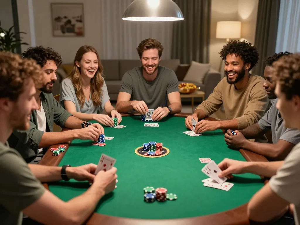 Friends playing poker at home, enjoying hitclub gaming moments with excitement.