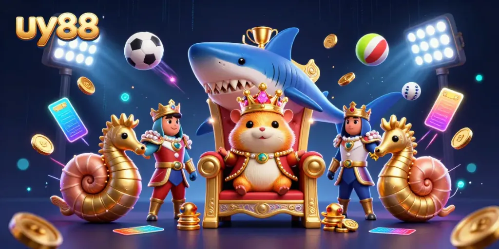 Promotional illustration of uy88 featuring a golden hamster king on a megalodon throne amid vibrant casino elements.
