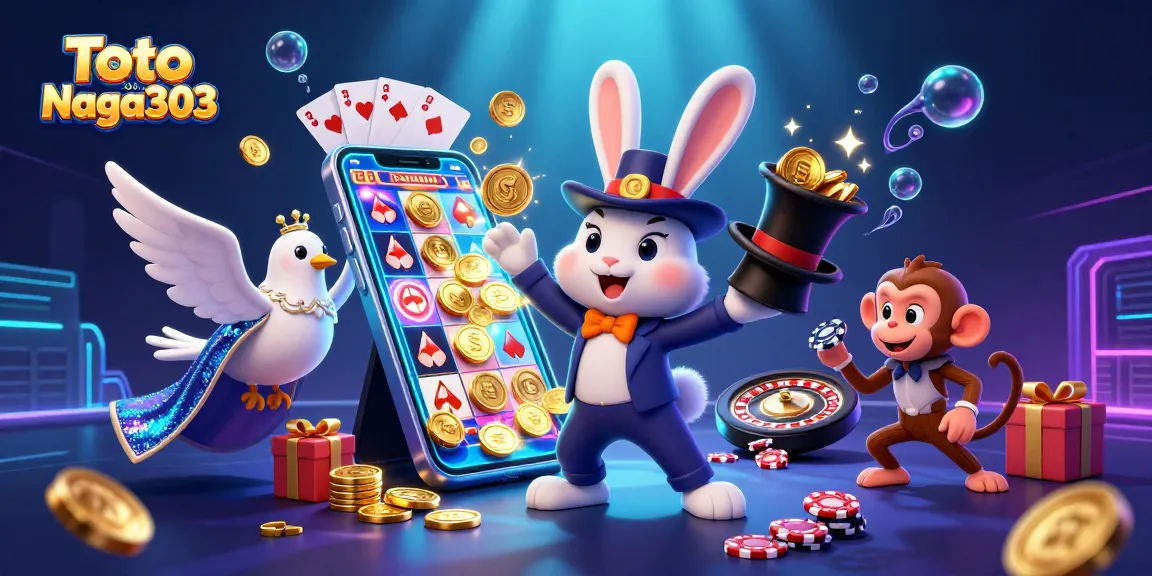 Toto Online Naga303 showcases a lively casino scene with a magical rabbit and colorful slot games.
