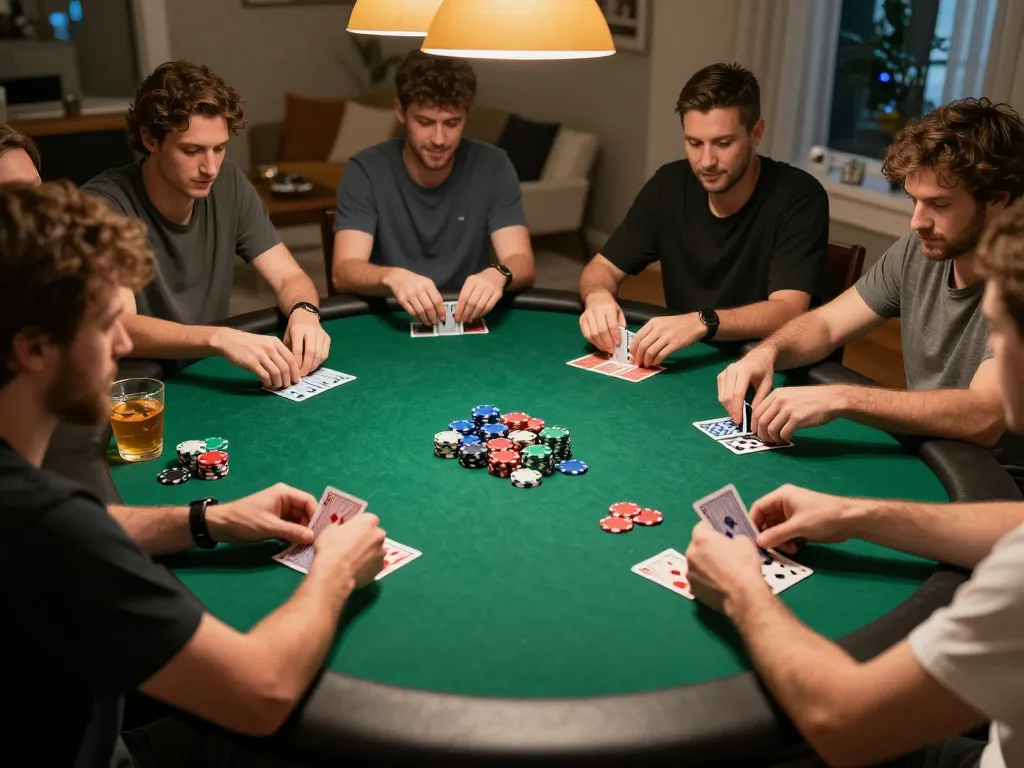 Experience thrilling poker play at home with friends in a cozy setting, featuring 90phut gaming strategies.