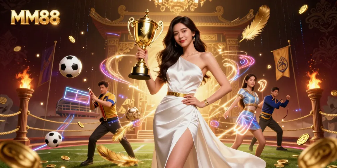 Engage with MM88's exciting sports betting scene featuring a victorious woman holding a trophy amidst vibrant elements.