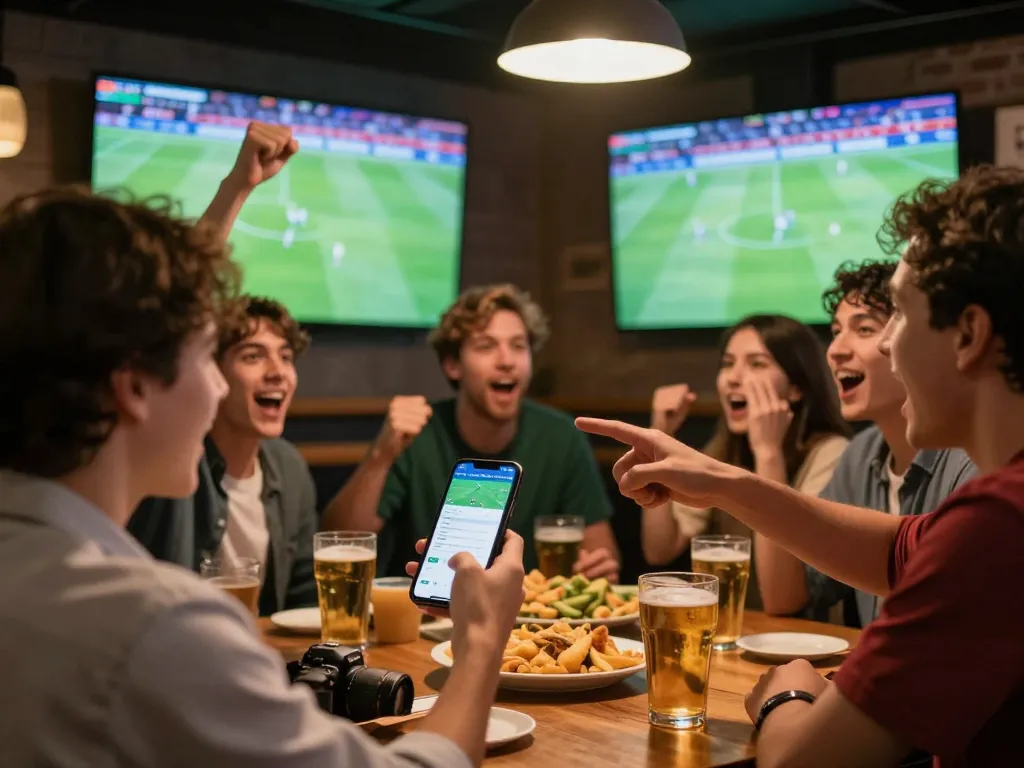 Socolive TV xem bong da as friends cheer while placing bets on mobile apps in a vibrant sports bar.