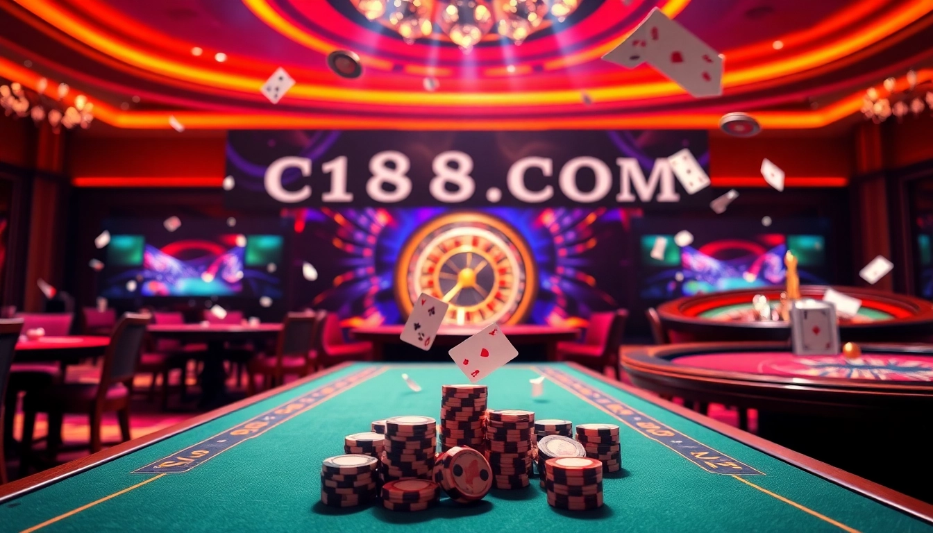 Experience the excitement of C168 COM with poker chips, cards, and a roulette wheel in a luxurious online casino setting.