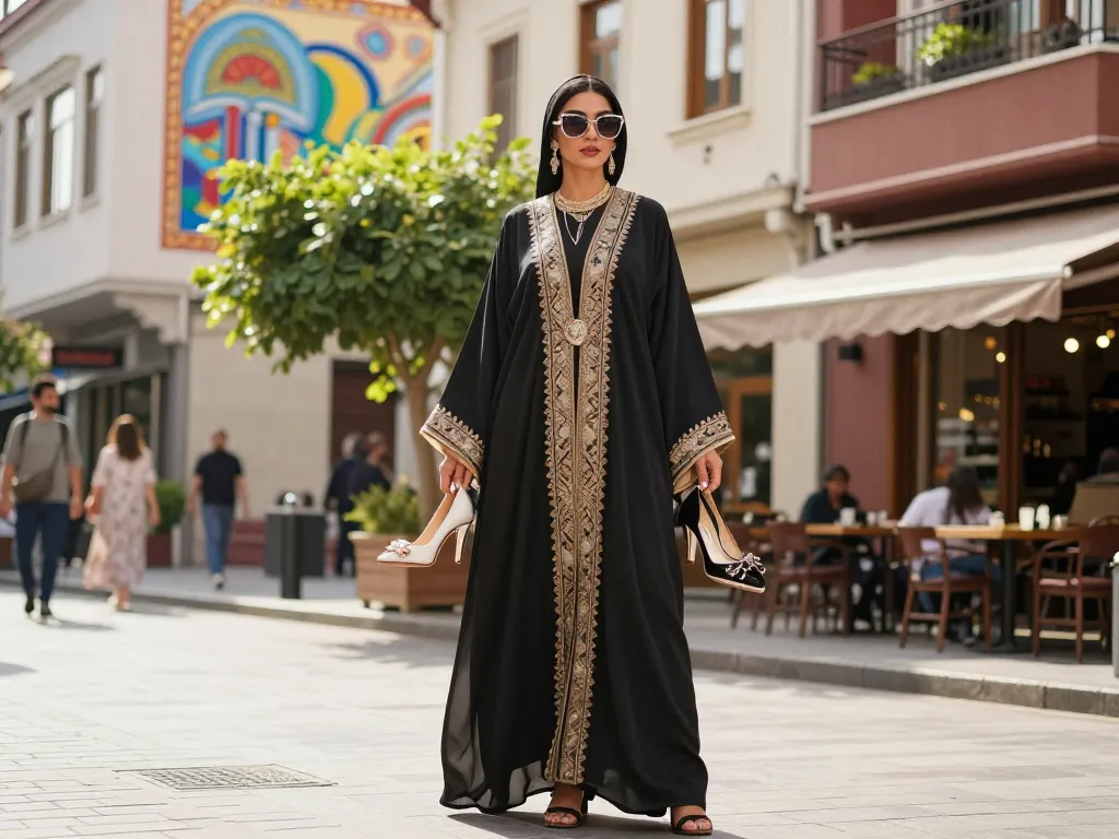 Model showcasing stylish Turkish abayas in a vibrant urban setting