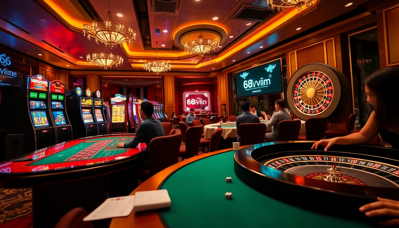 Experience thrilling gameplay at https://68vip.one/ with luxury casino tables and vibrant gambling elements.