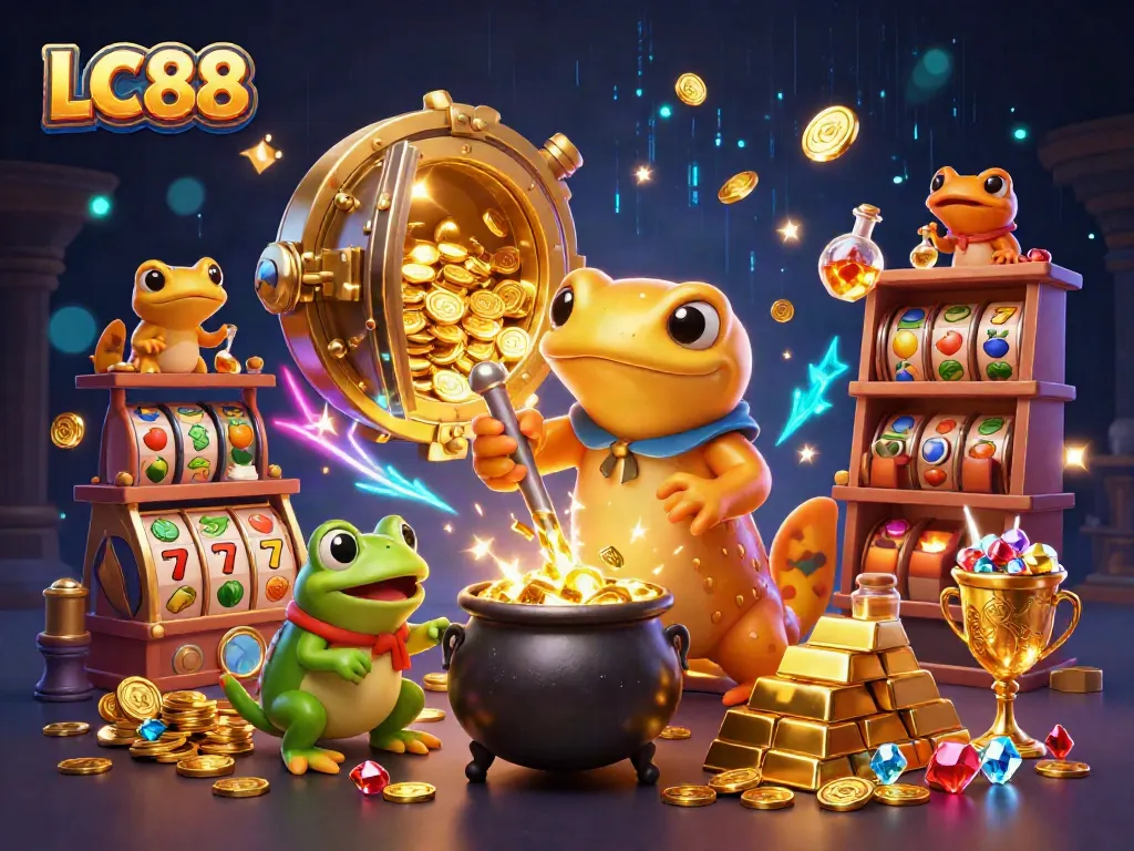 Engage in the gold rush with LC88's vibrant casino scene showcasing thrilling gaming elements.