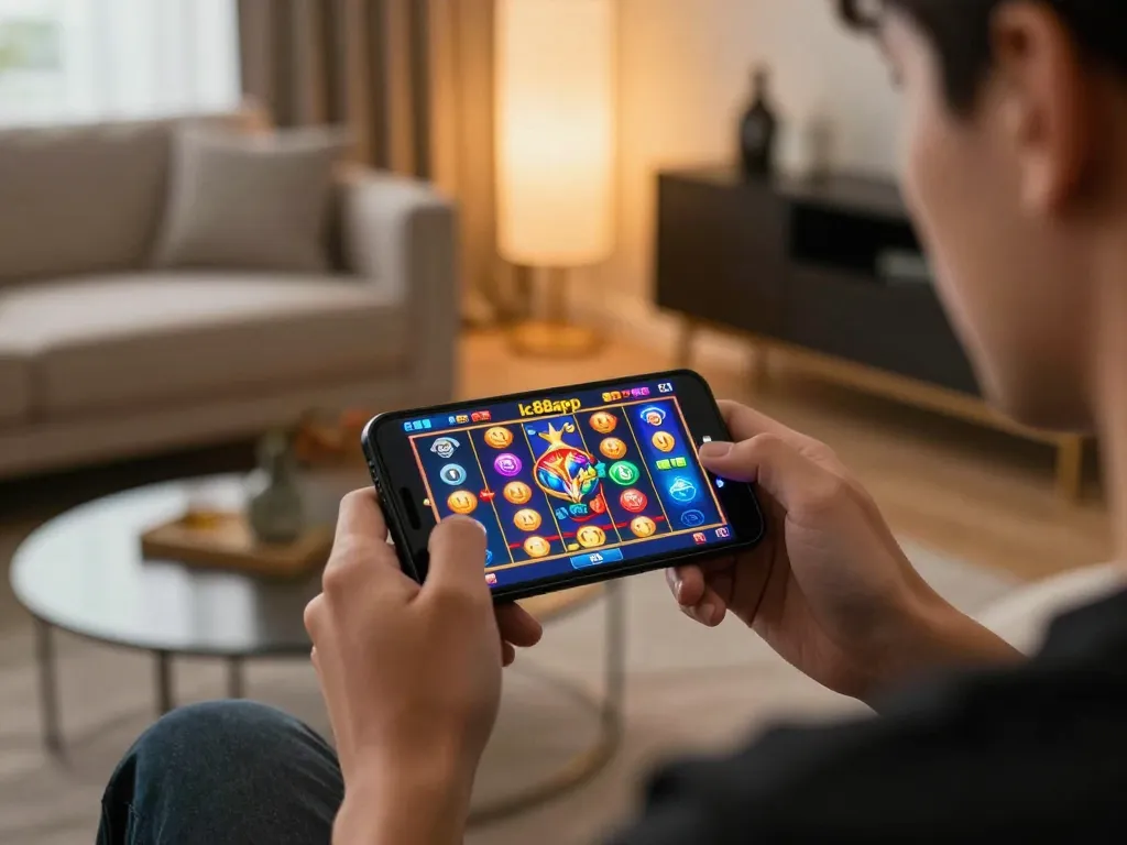 Player engaging with the lc88app while enjoying an online slot game from home, showcasing mobile gambling excitement.