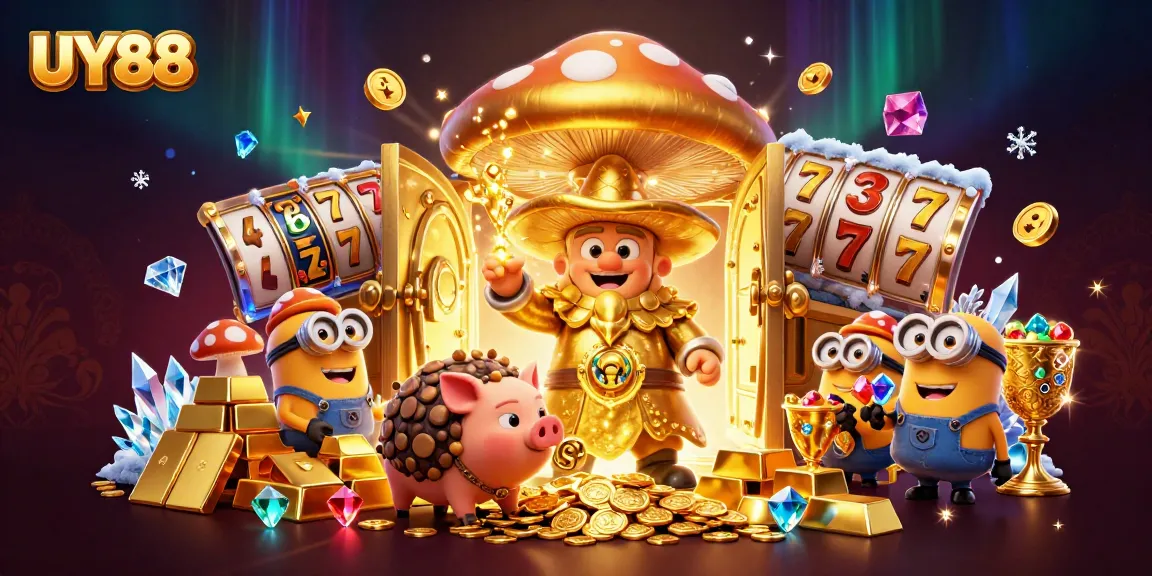 Experience UY88's magical treasure hunt with golden wizards and slot reels amidst sparkling gems.