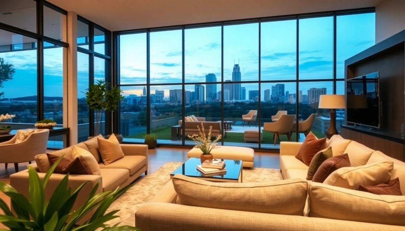 Luxury home remodel Austin showcasing modern living room with scenic views.