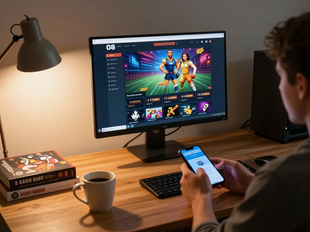 Person actively engaging with O8 casino app on desktop while studying gambling strategies