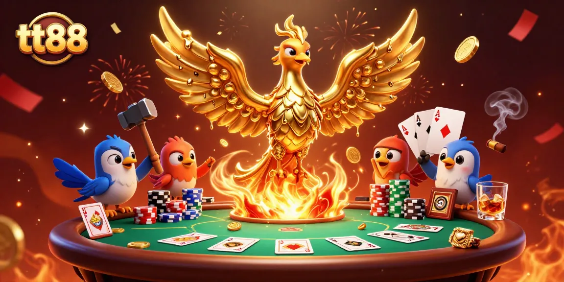 tt88 unveils thrilling poker action with molten golden phoenix amidst lavish casino elements