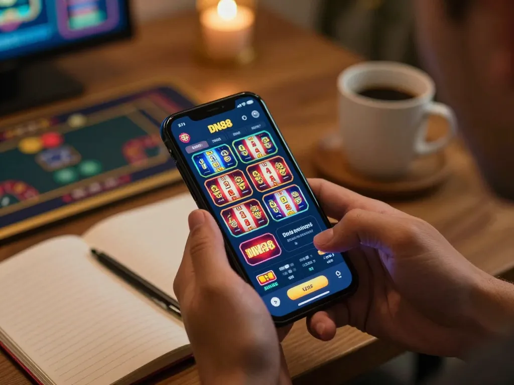 Play the DN88 casino app on a smartphone showcasing live games in a cozy setting