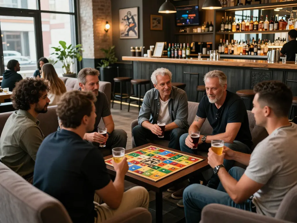 Men at a manclub social gathering enjoying conversation and camaraderie in a stylish urban setting.