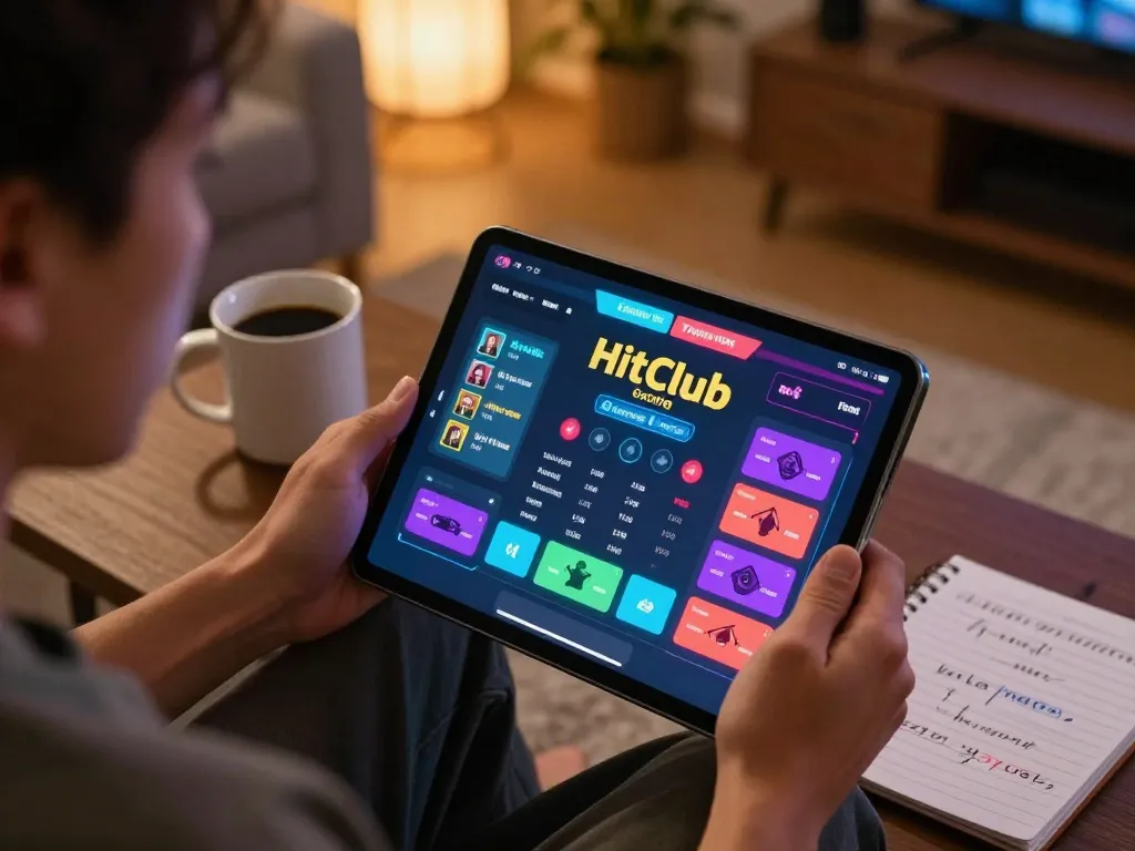 Engaged player using the Hitclub app on a tablet for online gambling strategy