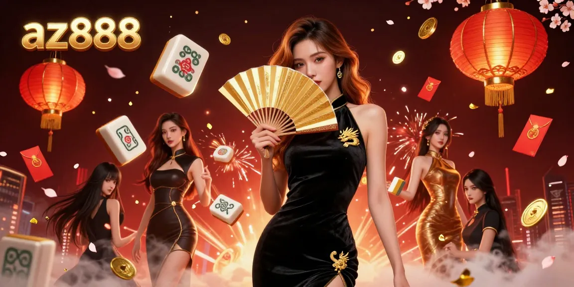 Experience the excitement of az888 with vibrant casino elements, showcasing a captivating Asian woman amidst a festive scene.