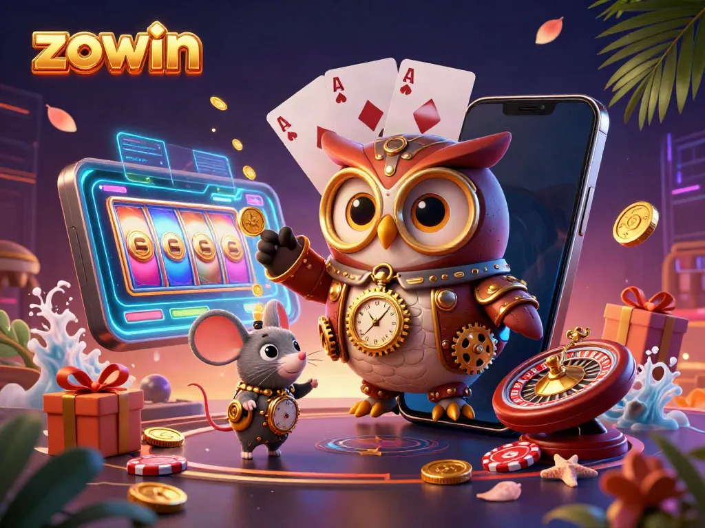 Zowin's vibrant casino experience highlighted by a time-traveler owl and colorful gaming elements.