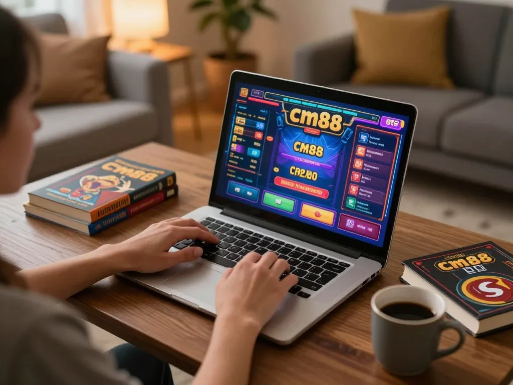 Engaging in cm88 online gaming at home with a laptop, showcasing colorful interface and cozy setting.