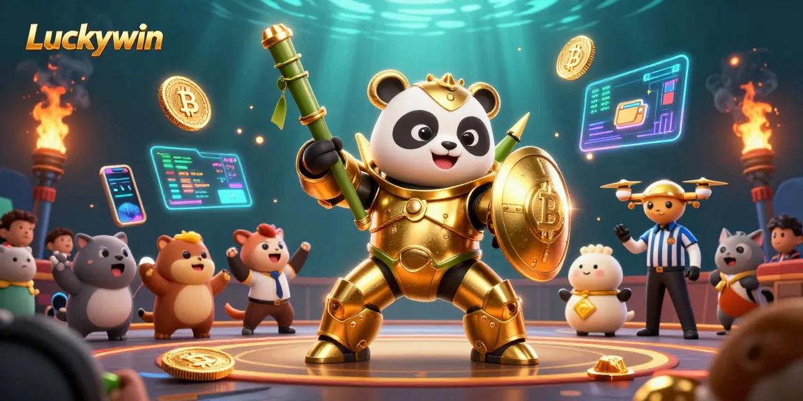 Engage in thrilling gameplay at Luckywin with panda mech robot battling in vibrant casino scene.