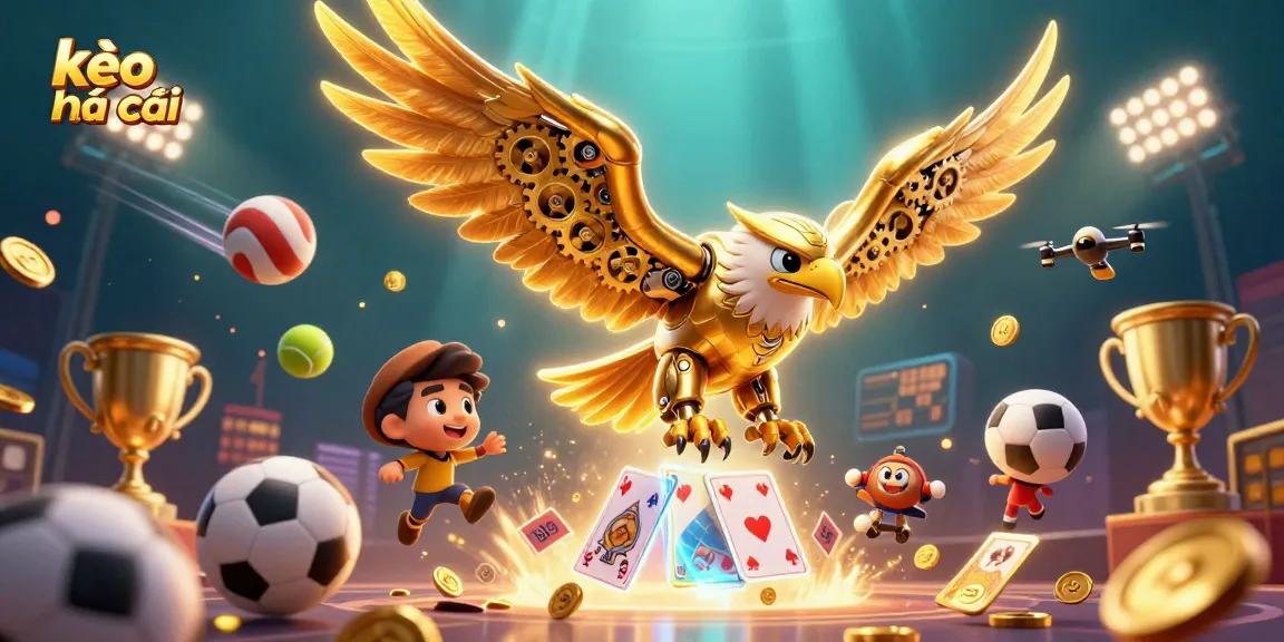 Betting with kèo nhà cái reflects excitement as a golden eagle dives through cards and sports gear.