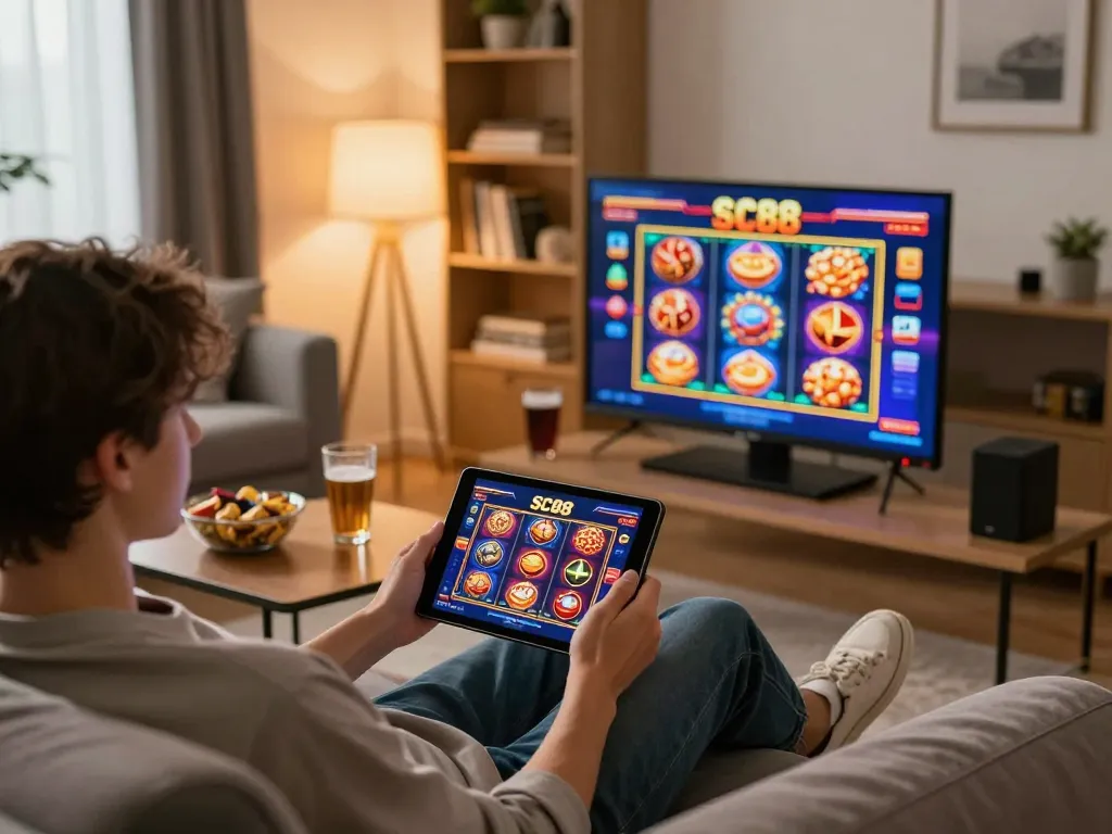 Engaging in exciting SC88 online casino games on tablet in a cozy living room setup.