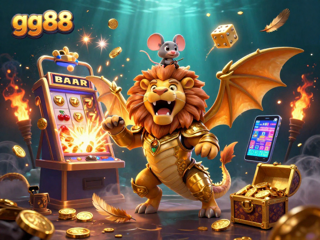 Play exciting games on gg88 with a dynamic scene featuring a roaring chimera and a jackpot explosion.