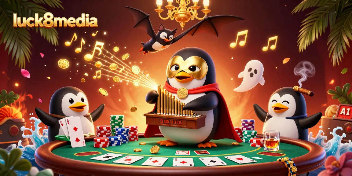 Engaging scene of luck8media's casino action with penguin organist, poker elements, and vibrant details.