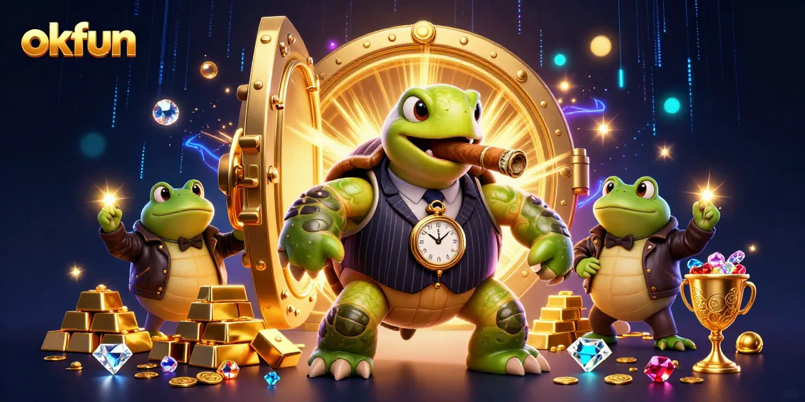Experience thrilling gameplay at okfun with a dynamic 3D cartoon casino scene featuring extravagant treasures.