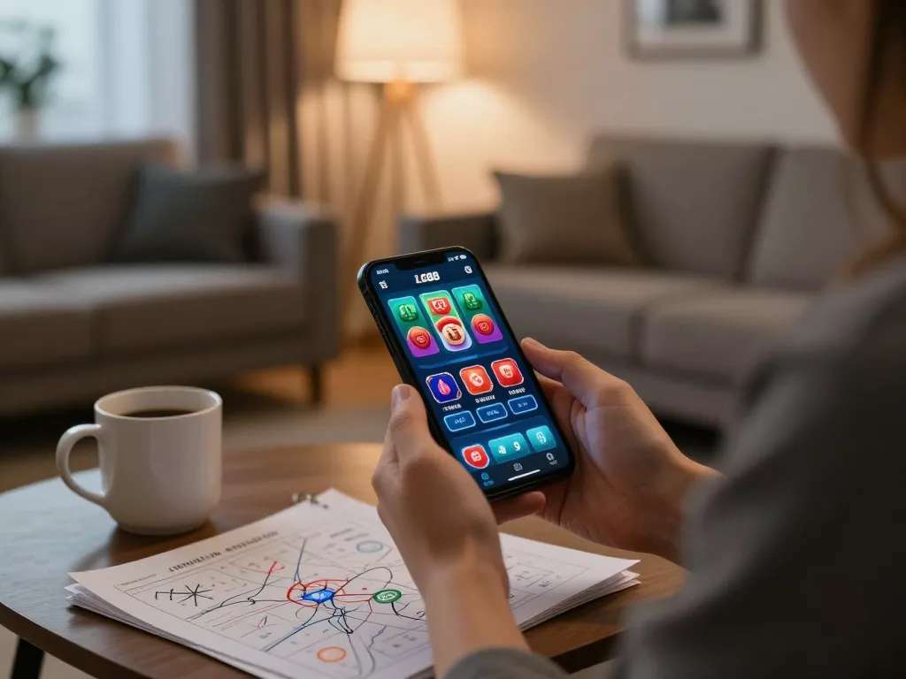 Player engaging with the LC88 casino app on smartphone in a cozy gaming setup.