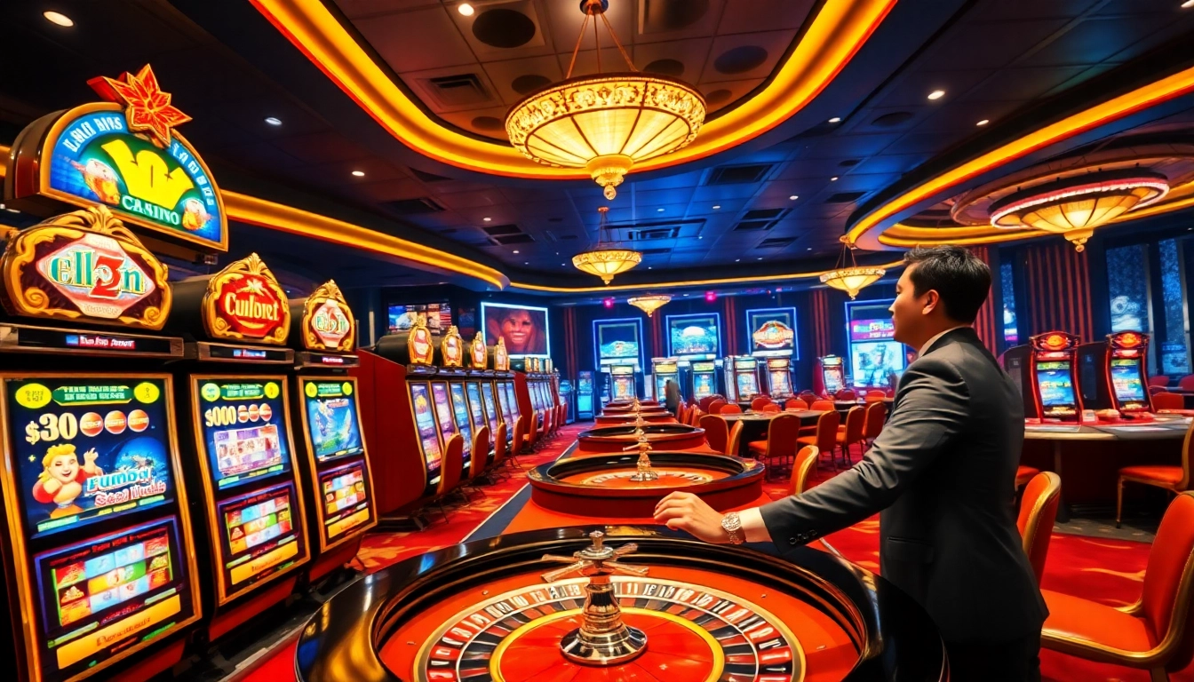 Nổ Hũ Đổi Thưởng slot machines and roulette table in a luxurious casino ambiance, showcasing excitement and high stakes.