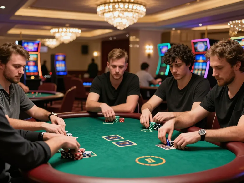 Players strategizing their bets at a glamorous poker table in FC88 casino, capturing the thrill of high-stakes gambling.