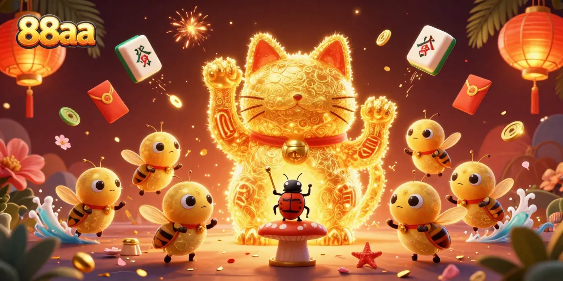 Engage with 88aa as a dazzling lucky cat comes to life amidst casino symbols and festive elements.