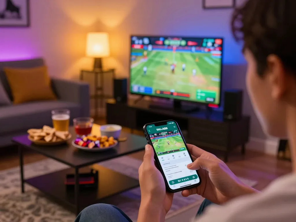 WALA88 user enjoying live cockfighting action on smartphone in a cozy gaming setup.